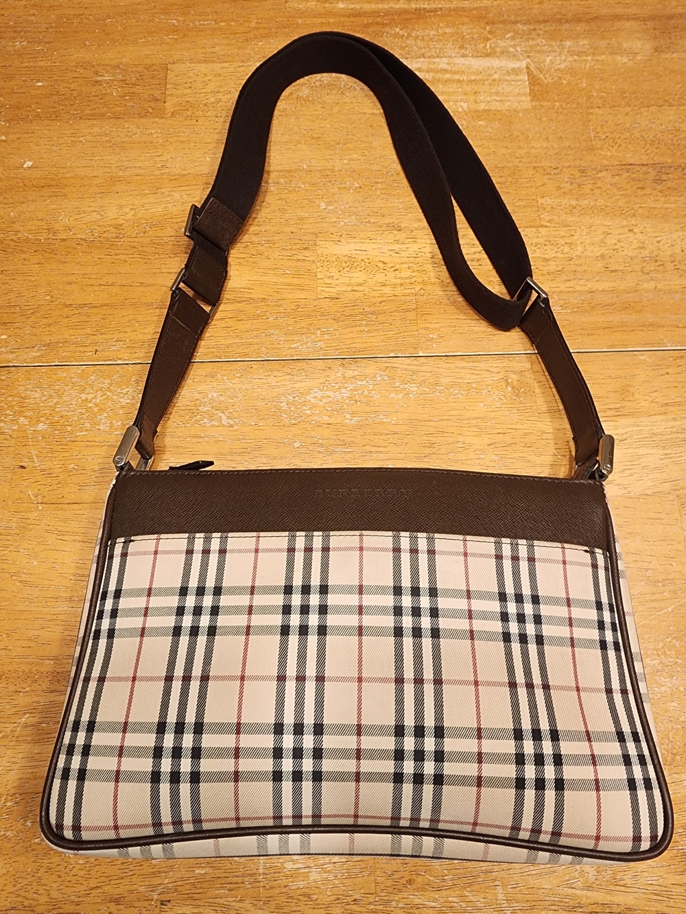 classic Burberry Nova Check Crossbody Bag distinctive beige plaid canvas